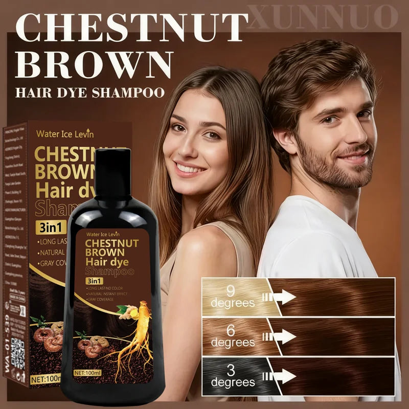 Water Ice Levin 3-in-1 Chestnut Brown Hair Dye Shampoo with Ginger & Ginseng for Instant Gray Coverage & Long-Lasting Color Qme