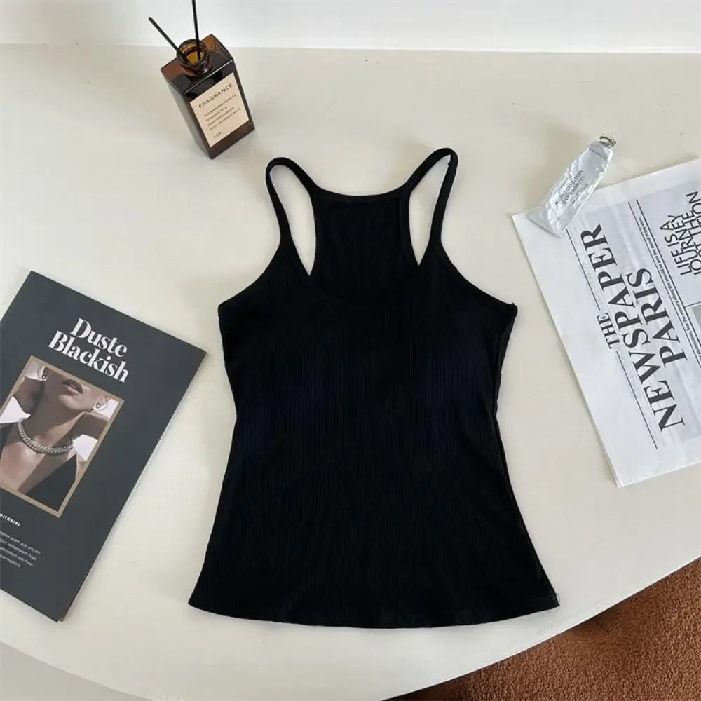 Women Underwear Wire-free Tank Crop Top Sexy Camisole Solid Color Chest Pad Tee American Retro Sleeveless Slim Tank Top Qme BK One Size