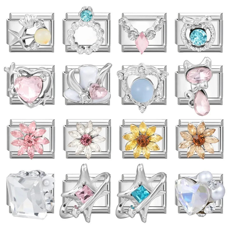 2026 Women Fashion Romantic Blue Heart Love Stars Square Shiny Zircon Italian Charms Fit 9mm Stainless Steel Bracelet Jewelry Qme