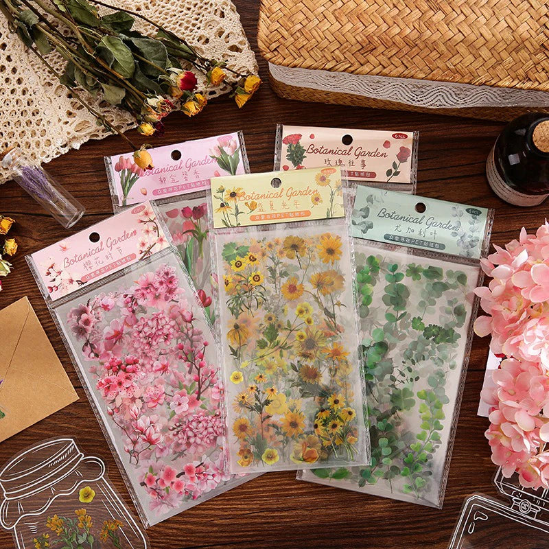 6 Pcs Journal Stickers, Plant and Flower Stickers,PET Waterproof Transparent Floral Patterns,DIY Photo Album Decoration Stickers Qme