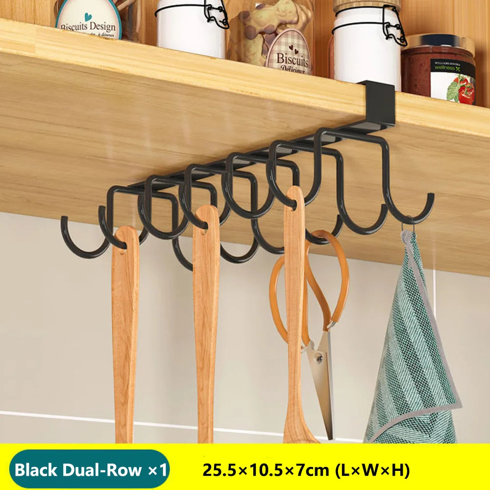Space Saving Kitchen Organizer: Under Cabinet Hanging Rack with Hooks for Towels Cutting Boards & Pot Lids Qme Shuangpaigou Black