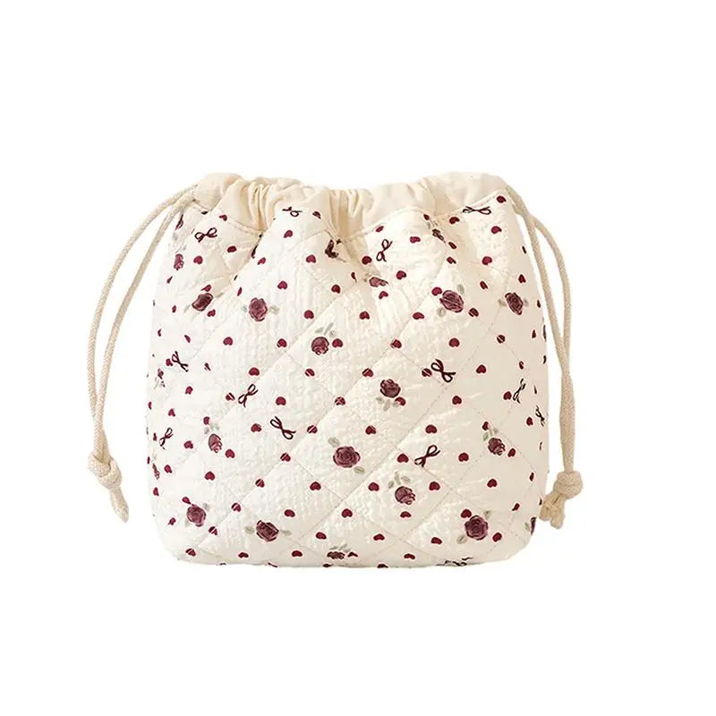 Cute Drawstring Cosmetic Pouch with Pink Bow Pattern – Durable Quilted Design for Women Qme StyleB