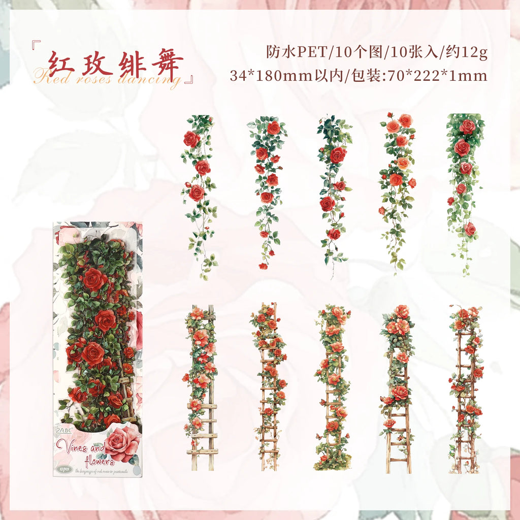 10 Pcs Vintage Rose Plant PET Sticker Pack for Junk Journal Scrapbooking Aesthetic Diary Deco School Account Stationery Stickers Qme A