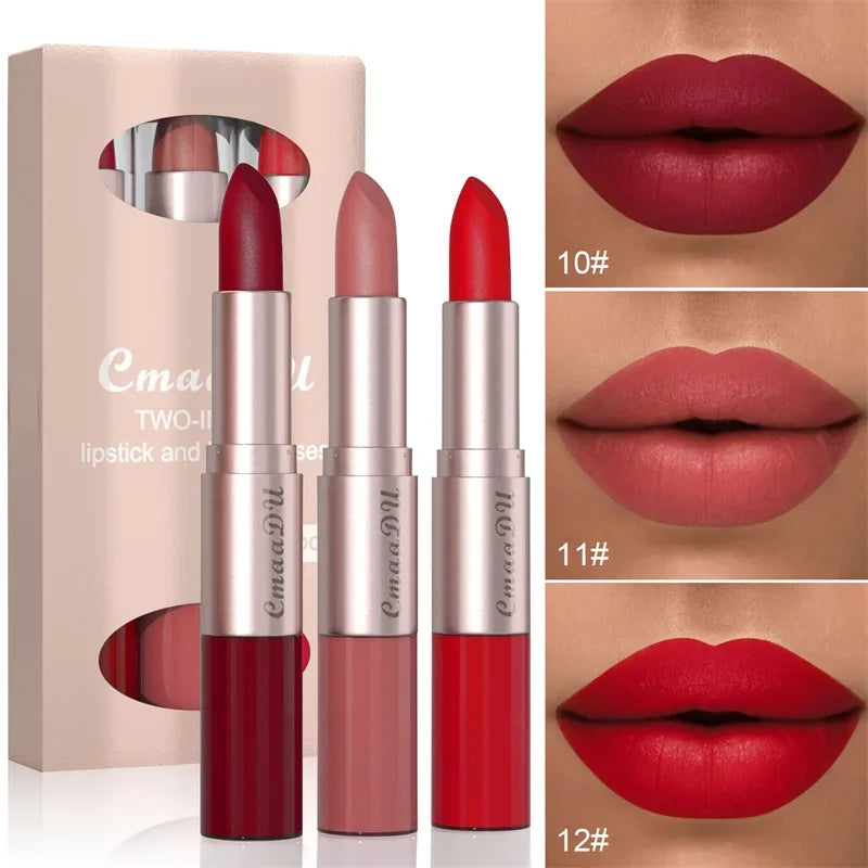 2 In 1 Double-ended Lipstick Lip Liner Pen Matte Pigment Non-stick Cup Skin Color 24H Lasting Waterproof Makeup Beauty Cosmetics Qme B-04