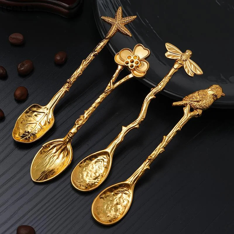 Retro Metal Coffee Spoon Dragonfly Branches Leaves Shape Ice Cream Qme
