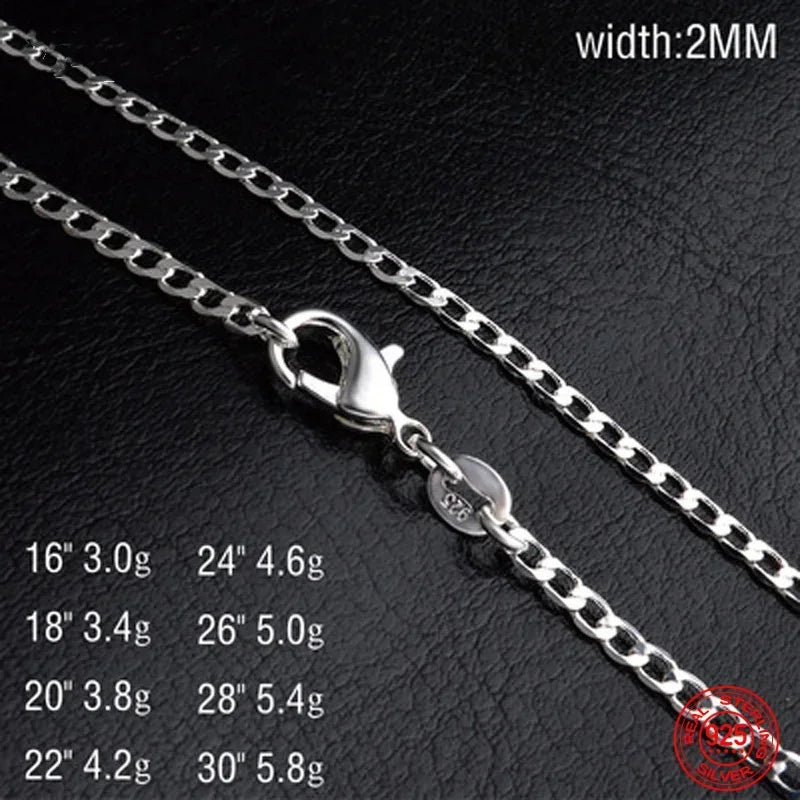 16-30inches 925 Sterling Silver 2MM Flat chain Necklace Chain For Women Men Fashion Wedding Party Jewelry Gift Qme