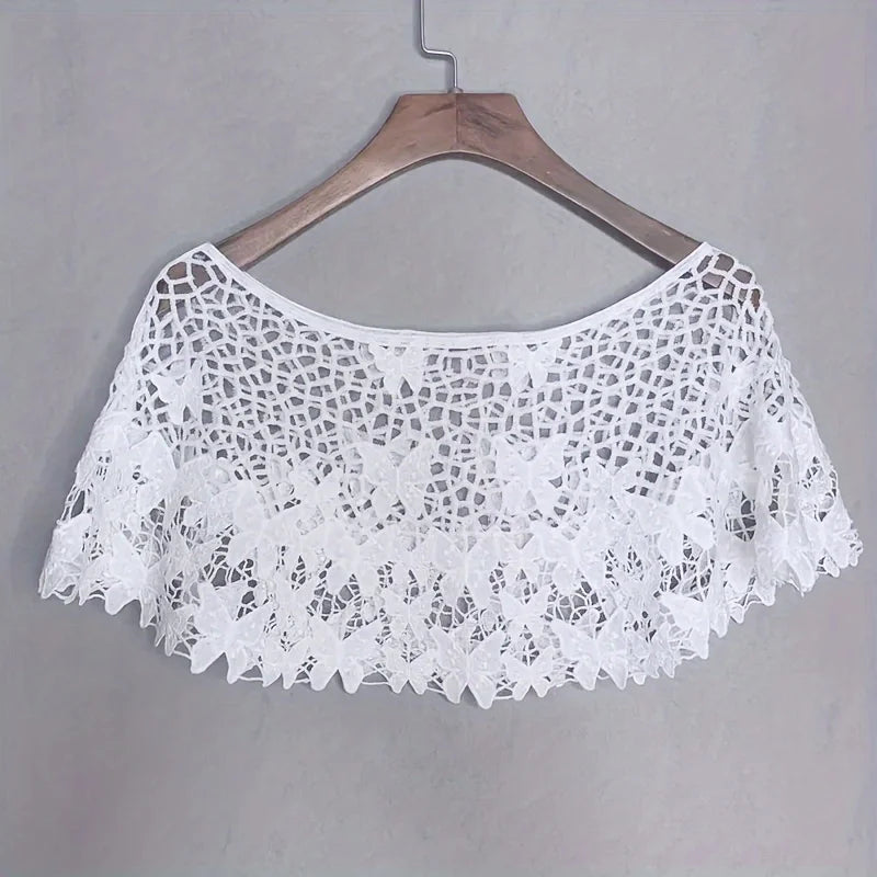 White Lace Butterfly Crochet Shawl, Hollow Out Cropped Capelet, Summer Bridal Cover Up Qme White Butterfly 1pc