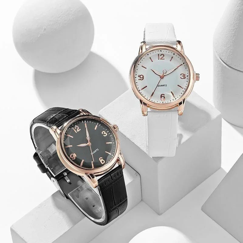 Casual Round Pointer Quartz Watch Ladies Fashion Analog PU Leather Wristwatch For Women Girls Students Qme