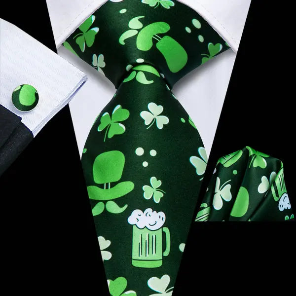 Hi-tie Four-leaf Clover Print Mens Necktie Green Wedding Tie Men Qme HT-LDSN0021