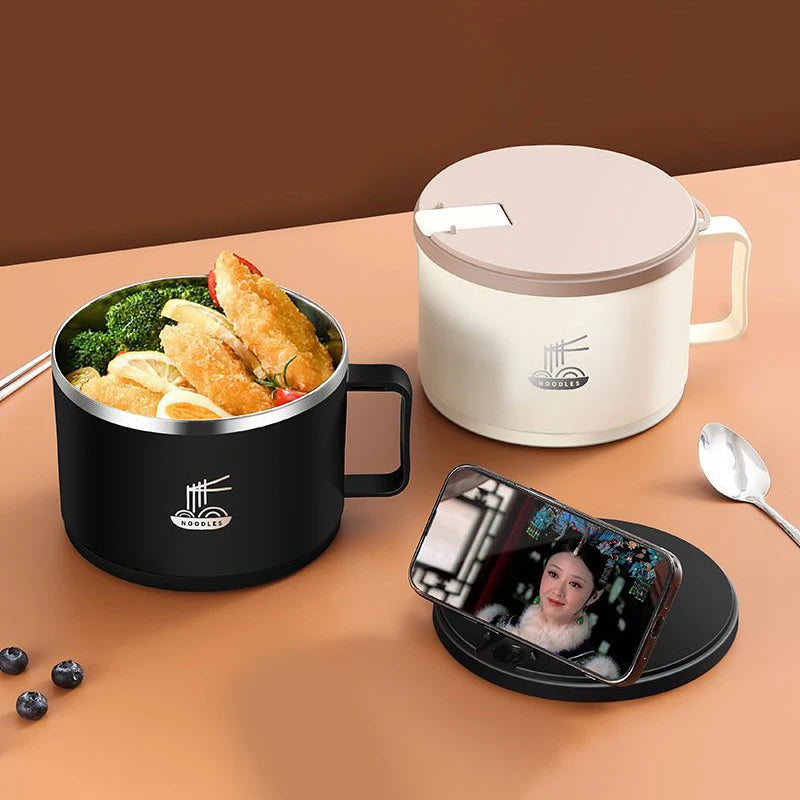 304 Stainless Steel Foam Bowl Large Capacity Double-Layer Anti-Scald Lunch Box With Tableware/Lid Can Drain Ramen Bowl Qme