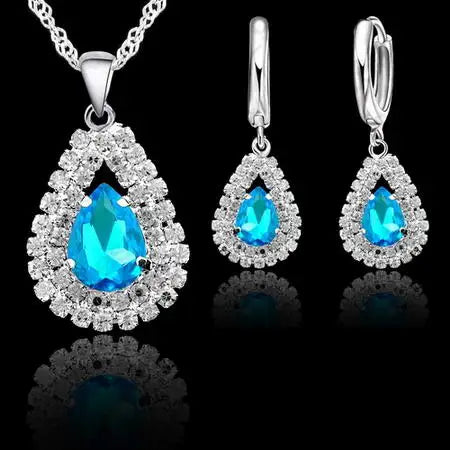 Hot Sale Bridal Jewelry Set 925 Sterling Silver Color Austrian Crystal Water Drop Necklaces Hoop Earring Women Party Engagement Qme