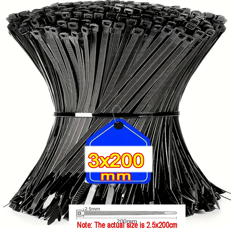1000/100Pcs Plastic Nylon Cable Ties Self-locking Cord Ties Straps Adjustable Cables Fastening Loop Home Office Wire Zip Ties Qme BK3x200mm 1000pcs