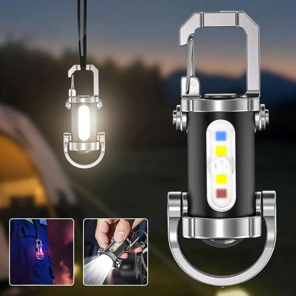 Mini Keychain Flashlight Rechargeable Pocket COB Working Light Outdoor Hook Emergency Warning Light for Camping Walking Hiking Qme