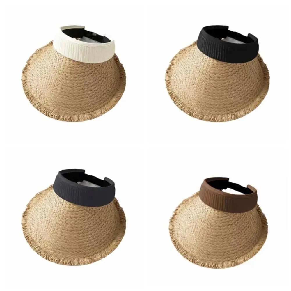 Fashion Woven Straw Visor Cap Sunscreen Hollow Empty Hat Big Head Qme