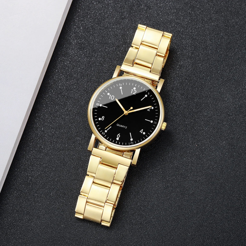 4PCS/Set Golden Simple Digital Disc Steel Belt Women's Watch Unlimited Diamond Set Bracelet Four Piece Set Qme