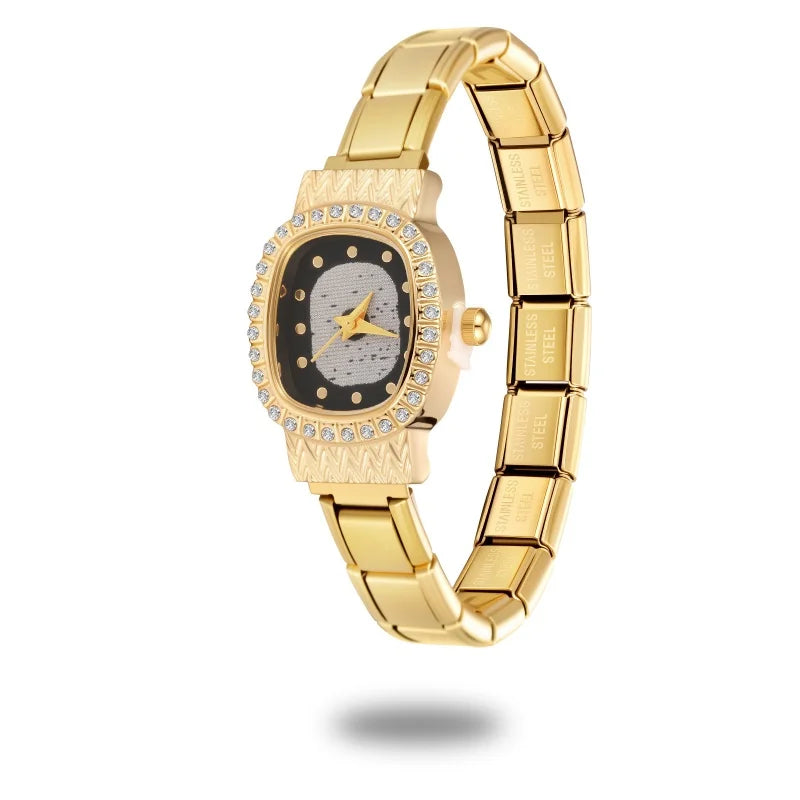 Fashion Women's Men's DIY 9mm Width Italian Elastic Charm Stainless Square Shiny Zircon Watch Bracelet Bangle For Birthday Gifts Qme Style 16