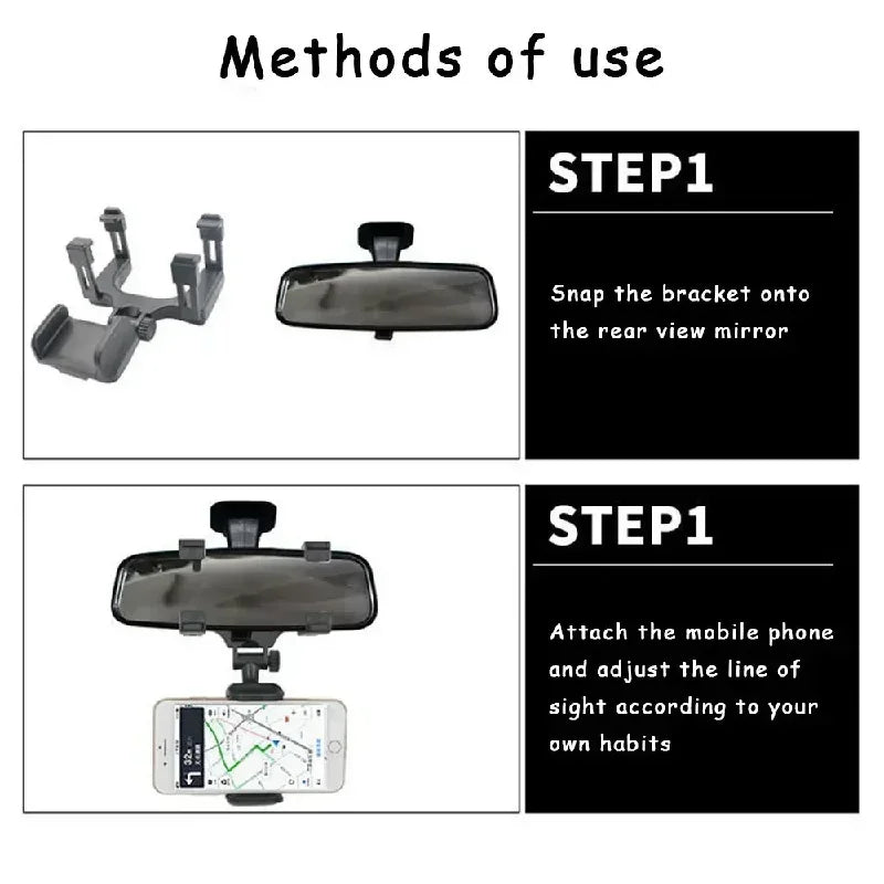 Car Phone Holder Rearview Mirror Mount Bracket Clip Navigation GPS Mobile Phone Stand Foldable Adjustable Car Cell Phone Support Qme