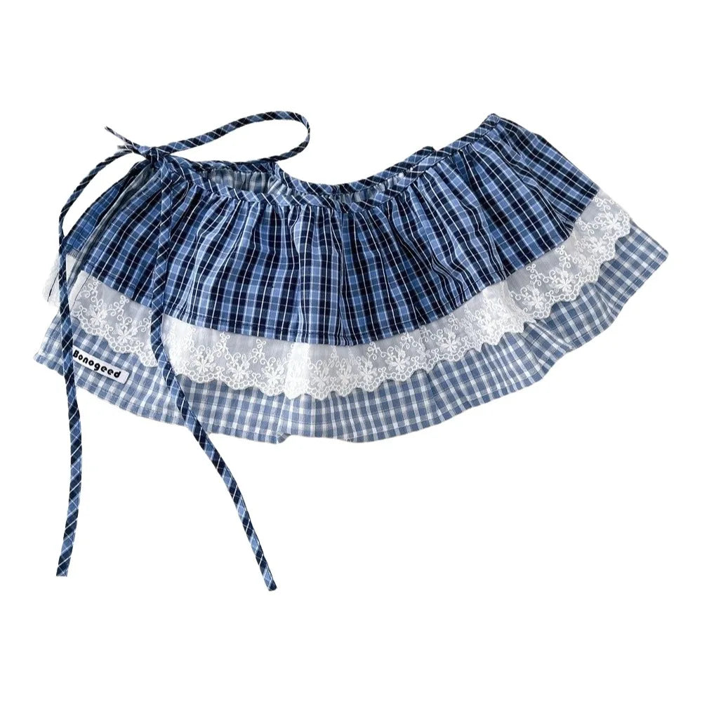 Sweet Balletcore Plaid Fart Curtain Korean Lace Up Mini Skirts Qme Style J