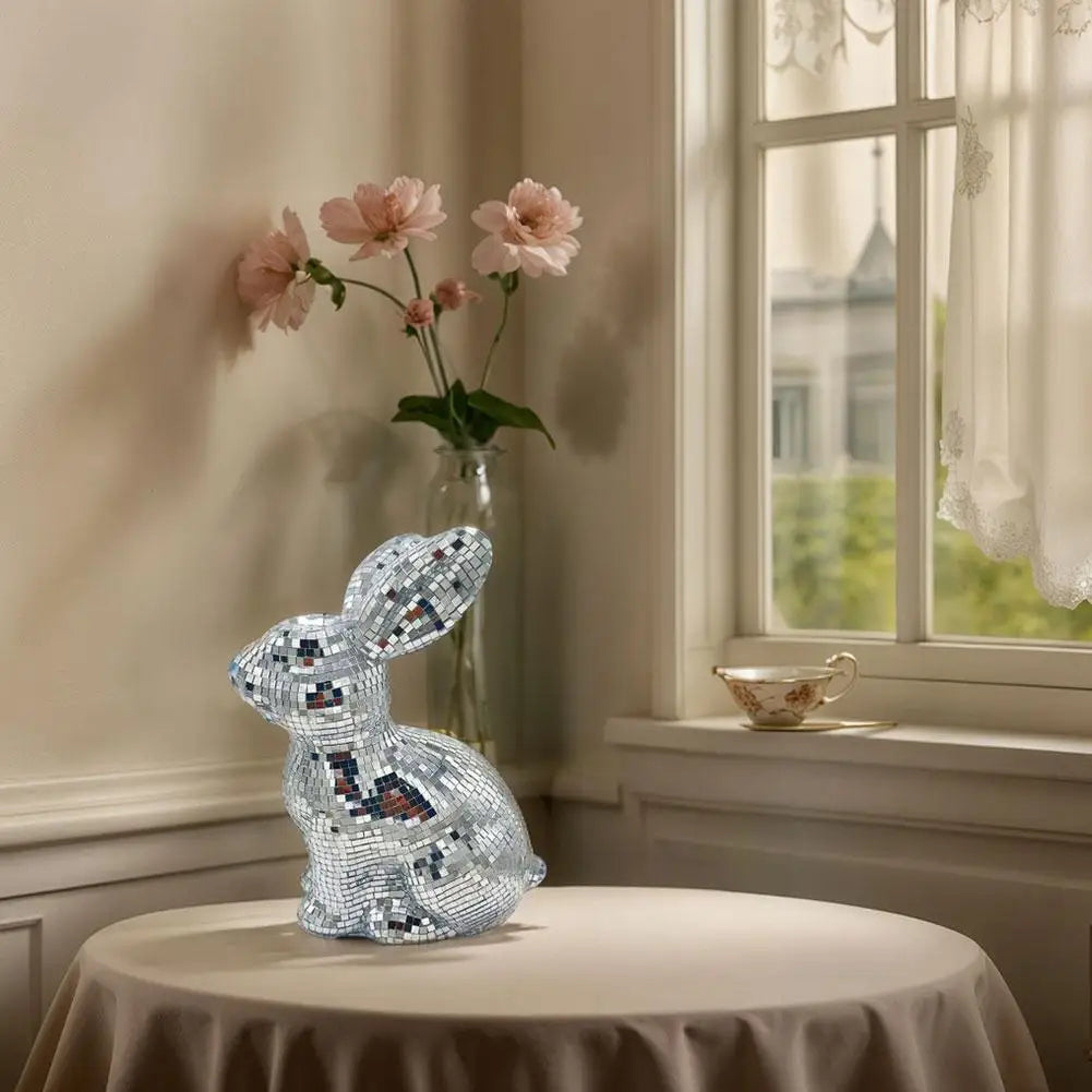 Desktop Mirror Disco Ball Rabbit Figurine Mirror Ball Sitting Bunny Figurine Easter Disco Ball Rabbit Ornament Home Decoration Qme