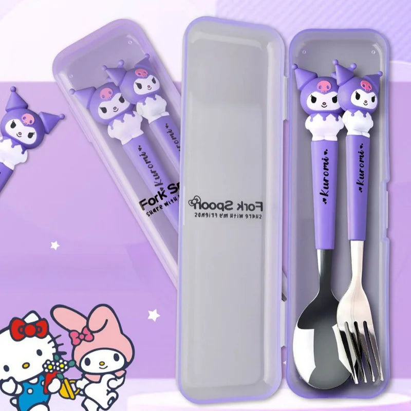 Hello Kitty Kuromi 304 Stainless Steel Cutlery Set Cute Cartoon Portable Cutlery Set with Chopsticks and Spoon Qme
