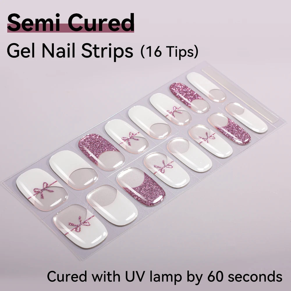 16Tips Semi-cured Gel Nail Sticker Colorful French Glitter UV LED