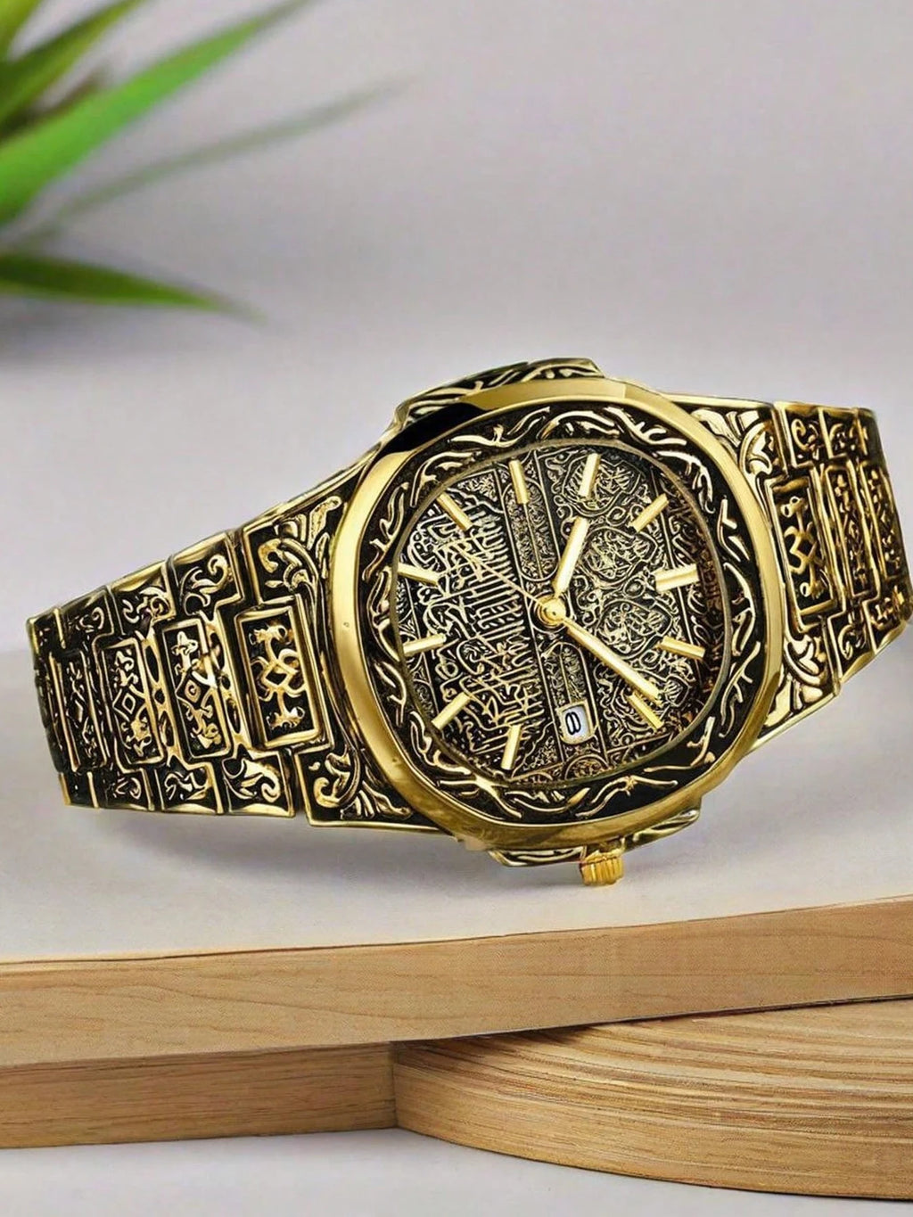 4Pcs Vintage Engraved Gold Men Watch Jewelry Set Qme