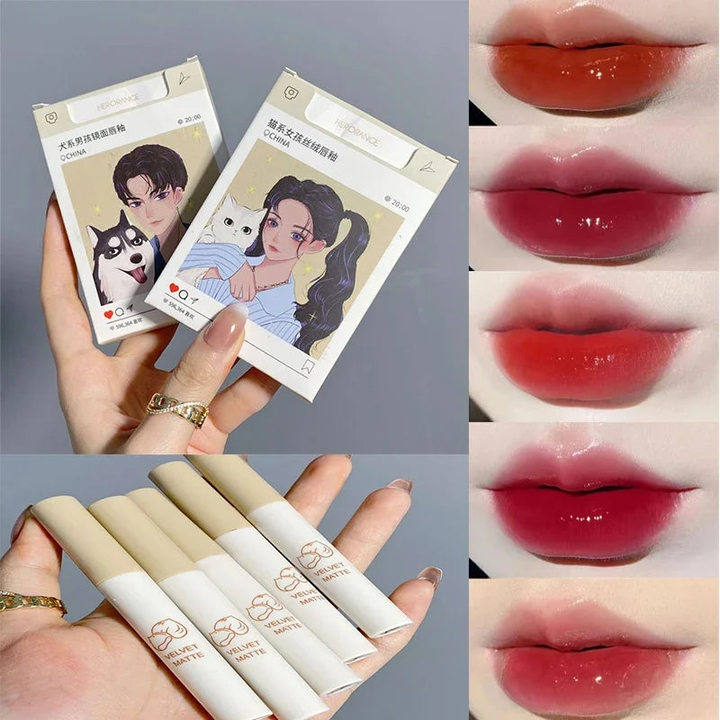 5Pcs Cigarette Lip Gloss Set Matte Red Tint for Lips Makeup Long Lasting Water Mirror Lip Glaze Waterproof Lipstick Kit Cosmetic Qme