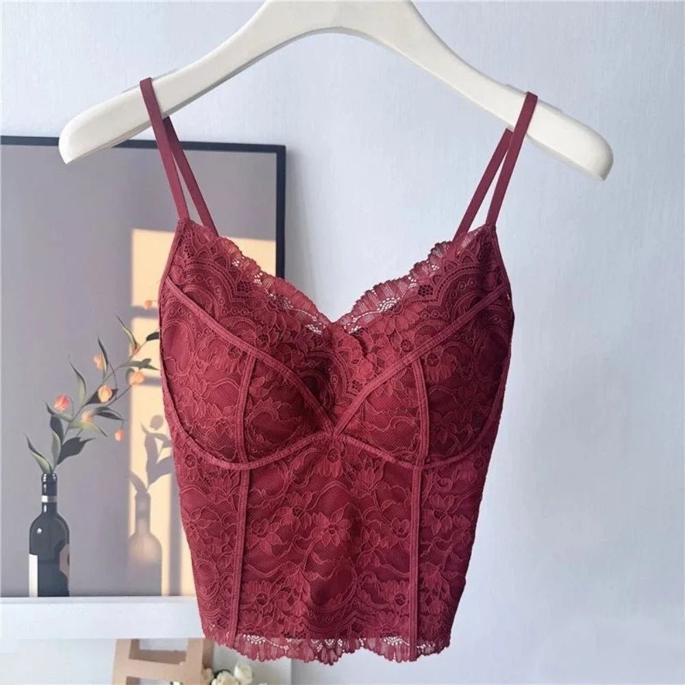 Mesh Flower Slim Lace Crop Sweet Camisoles Summer Girl's Vest Spicy Qme Red L