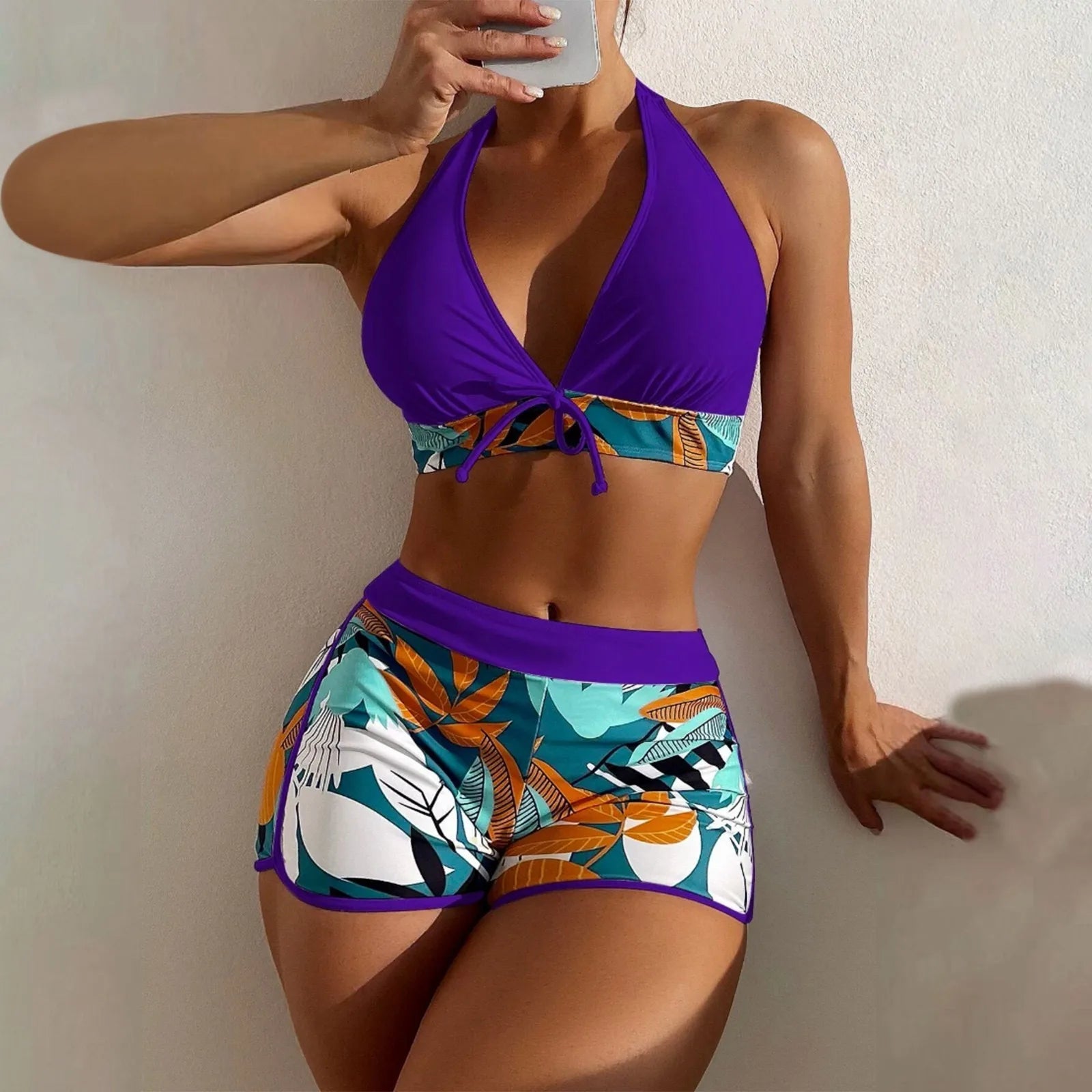 Women's Paneled Printed Swimsuit Ladies Fashion Sexy Split Boxer High Waist Swimsuit Two-Piece Set V-Neck Bathing Suits Female Qme Purple XL