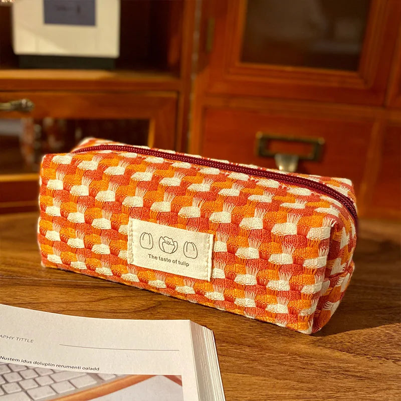 Japanese Rainbow Weave Pouch Simple Large Sturdy Stationery Bag Qme red