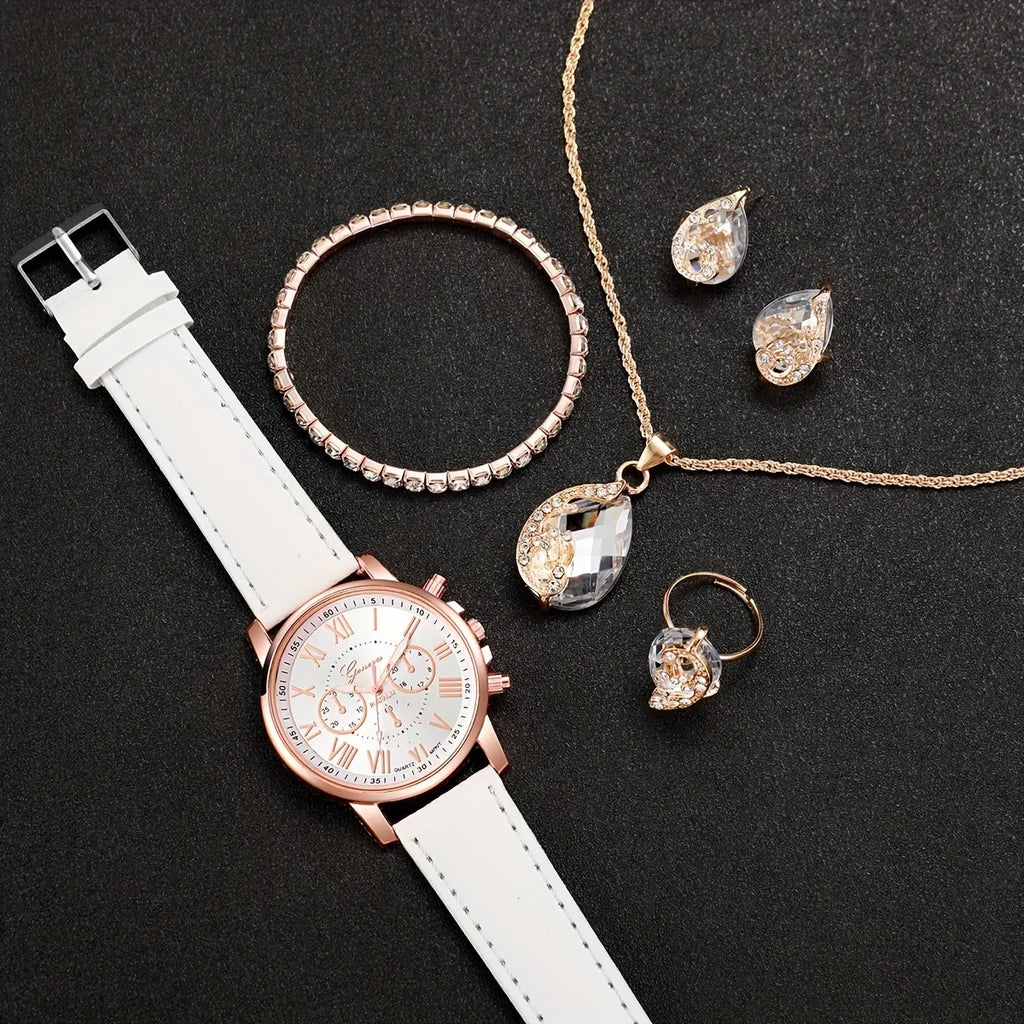 6pcs/set White Round Quartz Watch PU Leather Strap Zinc Alloy Pointer Zinc Alloy Case And Rhinestone Qme
