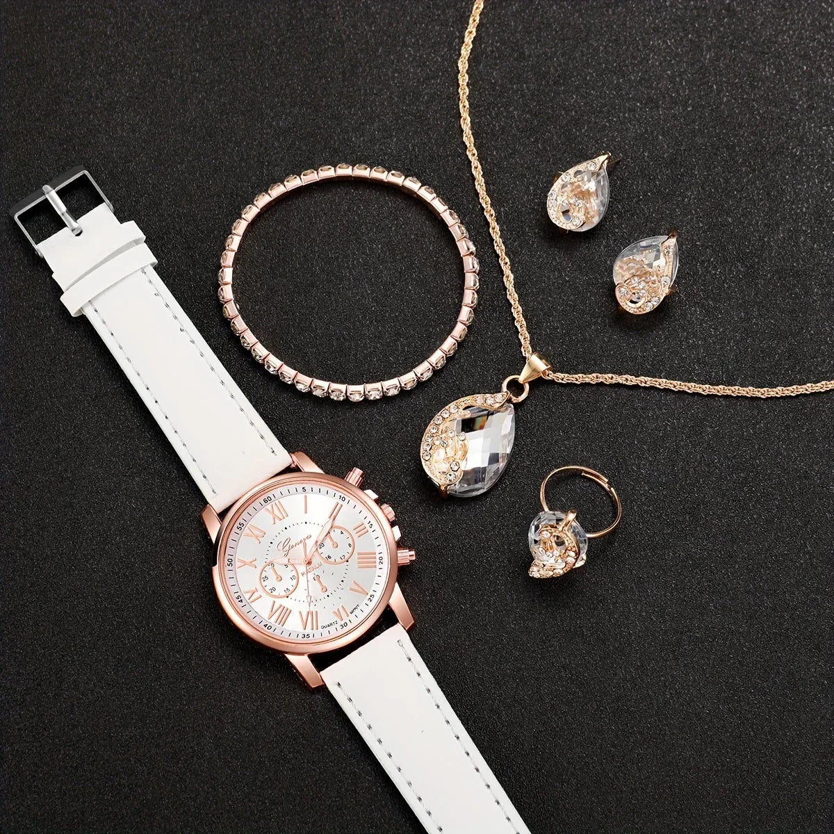 6pcs/set White Round Quartz Watch PU Leather Strap Zinc Alloy Pointer Zinc Alloy Case And Rhinestone Qme