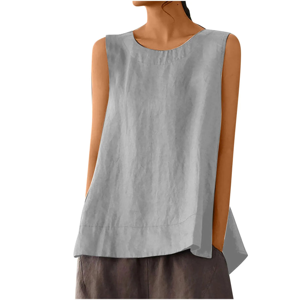 Female Summer Oversized Solid Color Retro Casual Cotton Linen Solid Color Sleeveless Round Neck Soft And Breathable Top Vest Qme