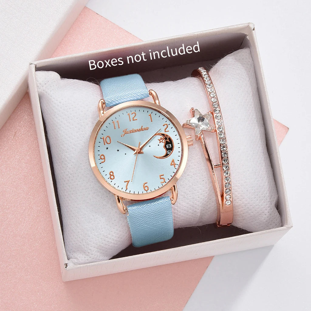 2PCS Fashion Moon Dial Women Quartz Watch Bracelet Set Casual Leather Strap Ladies Wristwatch Reloj Mujer（Without Box） Qme Light Blue No Box