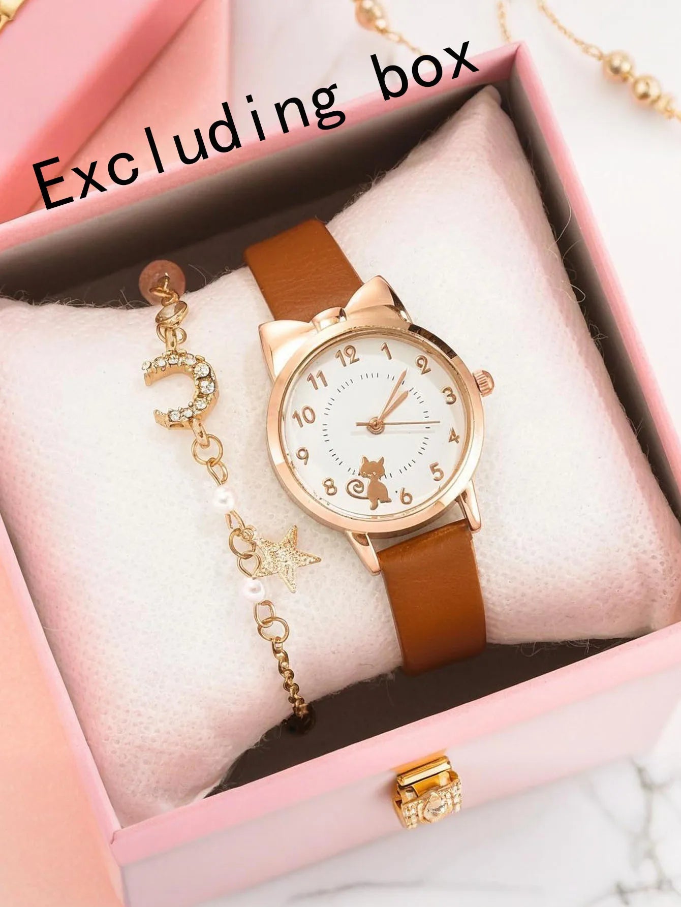 2-piece/set of ladies' fashionable watches with cat pattern PU and small scale, simple quartz watch set for students Qme Brown suit