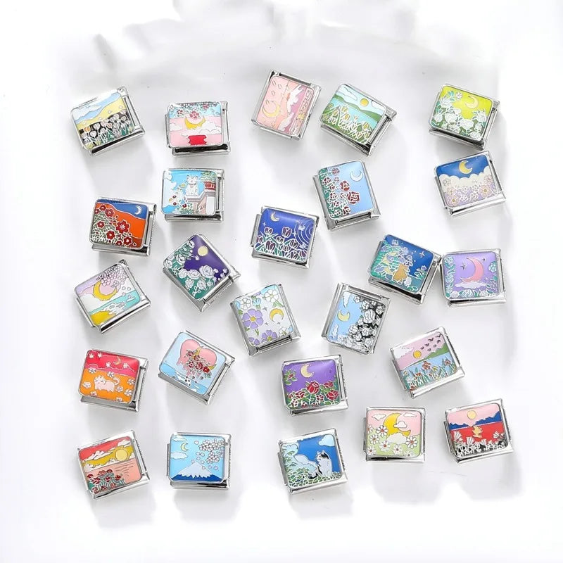 Drop Shipping 2026 Romantic Dreamy Moon Flower Sea Italian Charm Links Fit 9mm Stainless Steel Bracelets Wholesale Jewelry DIY Qme
