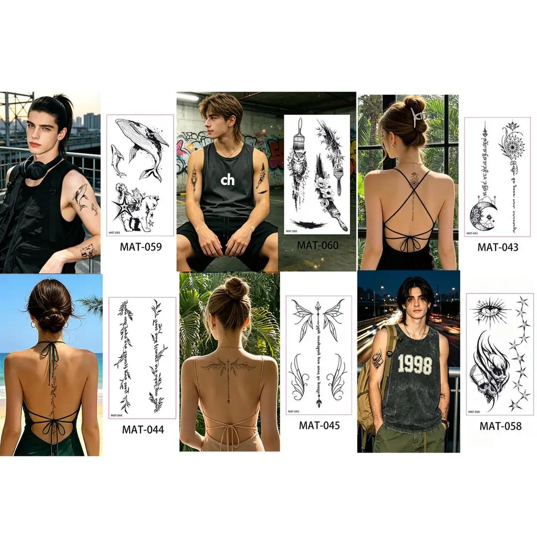 A 6/9pcs Temporary Tattoos for Women - Black Heart, Butterfly, Floral & Celestial Designs | Waterproof Fake Tattoo Stickers Qme 6pcs MAT-043MAT060