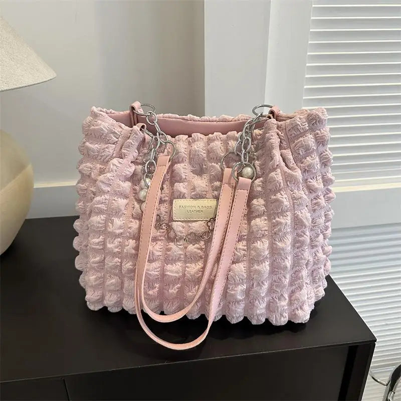 Bubble Textured Tote Bag Pearl Chain Decoration Large Capacity For Shopping Dating Office Commute Qme Pink