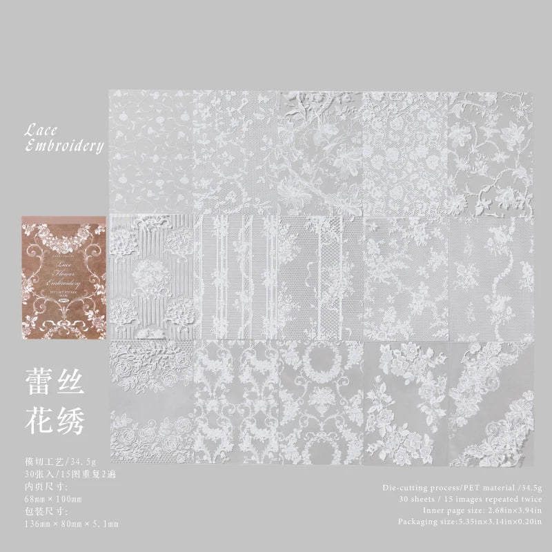 30Sheets/Bag Lace Theme PET Stickers for DIY Scrapbooking Collage Art Frame Laptop Phone Cup Luggage Guitar Skateboard Decal Qme 5