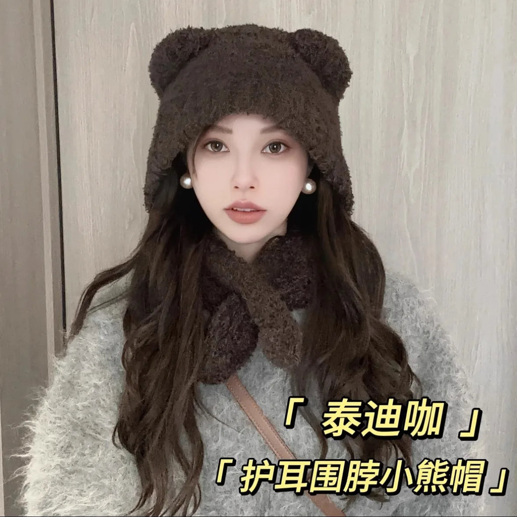 Versatile Knitted Warm Neck Scarf Integrated Bear Ear Protection Hat Qme Dark Brown One Size