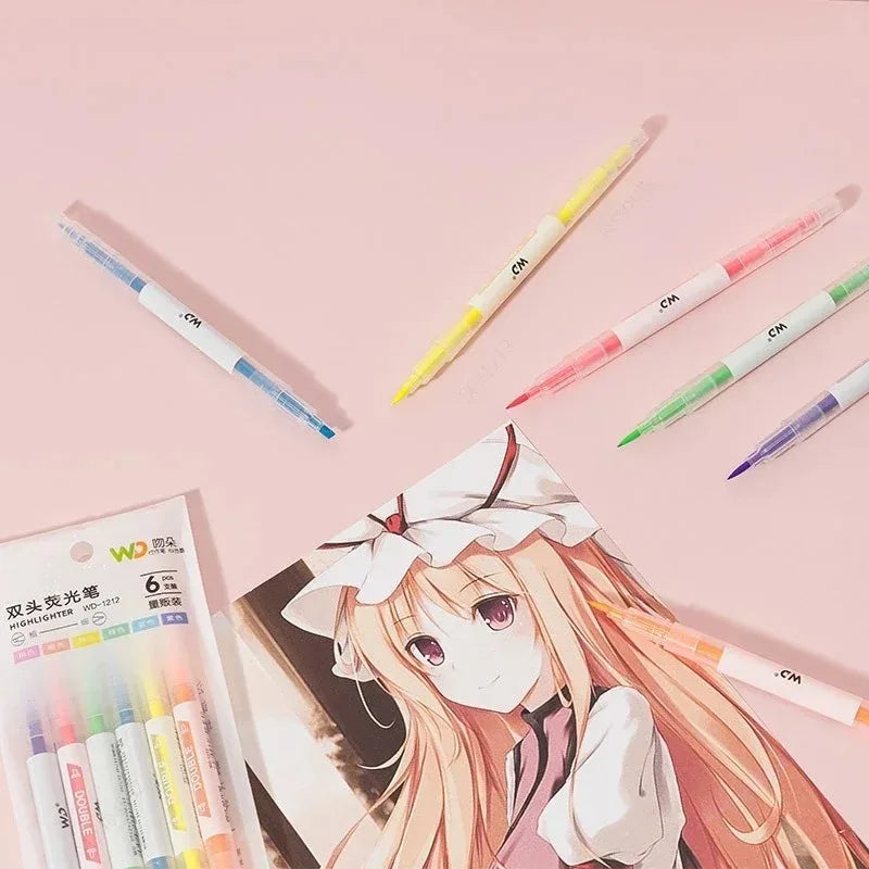 3/6Pcs/Set Double Head Fluorescent Highlighter Pen Markers Pastel Drawing Pen for Student School Office Supplies Cute Stationery Qme