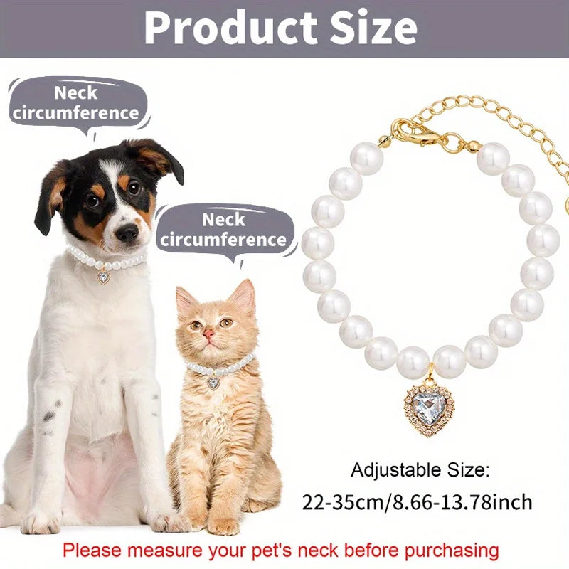 1 pet pearl heart-shaped rhinestone pet necklace collar, adjustable wedding party collar, suitable for cats and super small dogs Qme