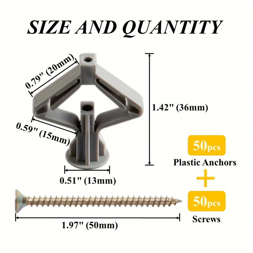 50 set of hollow wall anchors with screws, butterfly expansion screw plugs for drywall and cement board, easy-to-install fasten Qme