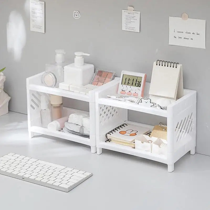 1PC PP Desktop Double Layer Storage Rack Rectangular White Organizing Student Desk Office Cosmetics Stationery Qme
