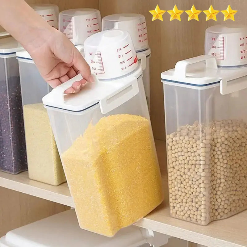 1pc Rice And Grains Food Storage Canister With Measuring Cup, Kitchen Moisture-proof And Insect-proof Dust-proof Qme