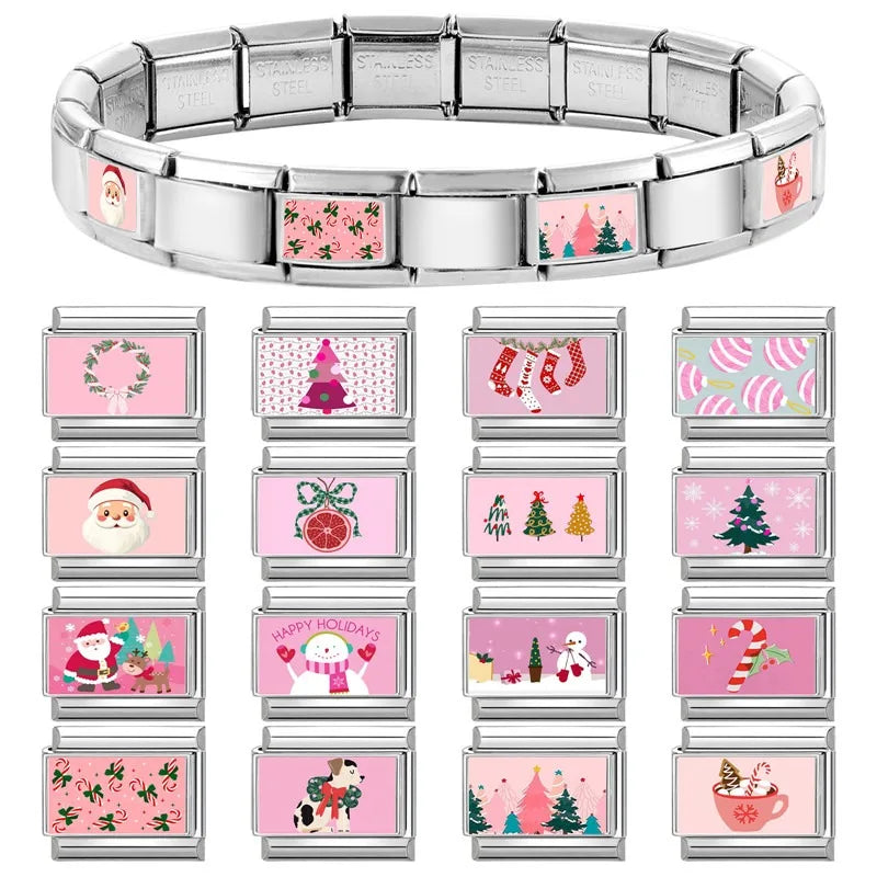 2025 Original Pink Christmas Tree Snowman Xmas Elk Wreath Sock Santa Claus Italian Charm Fit9mm Stainless Steel Bracelet Jewelry Qme