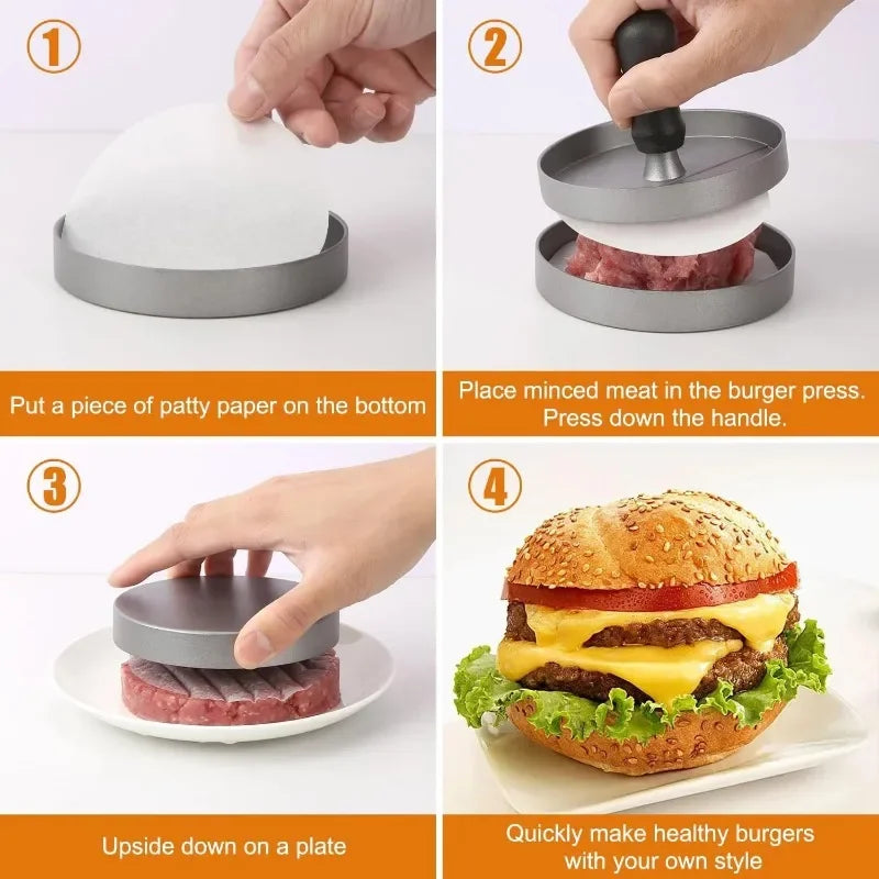 Burger Press Non-Stick Hamburger Patty Maker with Wax Paper Aluminum Burger Maker for Kitchen BBQ Grill Qme