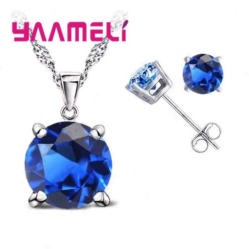 Fast Shipping 925 Serling Silver Color Shiny Cubic Zirconia Necklace Pendant Earrings Women Big Round Crystal Jewelry Sets Qme blue