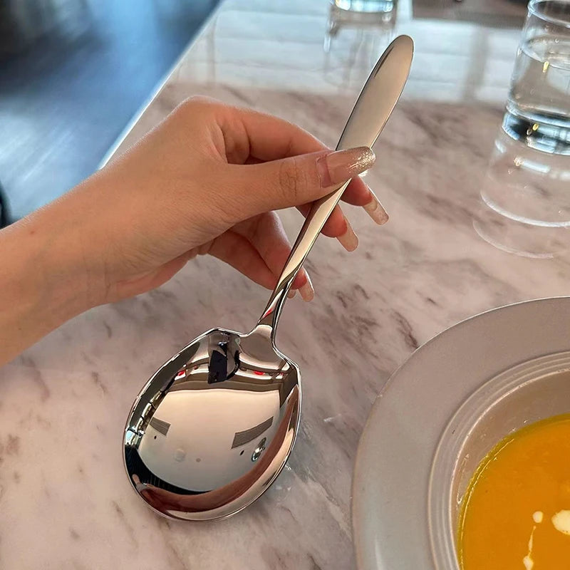 1Pc Stainless Steel Big Head Round Spoon Net Red Golden Long Handle Dinner Stirring Dessert Spoon Kitchen Accessories Gadget. Qme