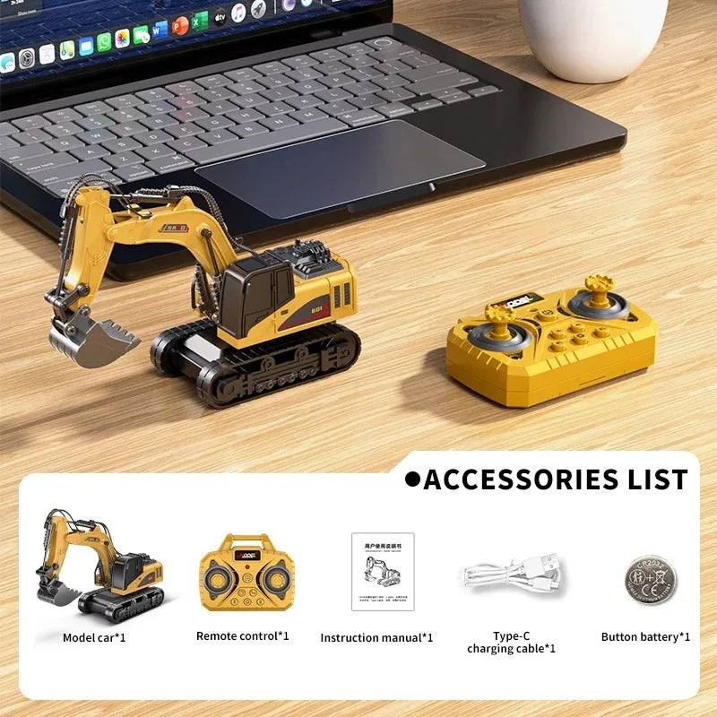 Bluetooth Remote Control Crane And Forklift two-in-one Desktop Mini Alloy Toy Car Model With Trailer Christmas Gift In Color Box Qme Yellow-excavator